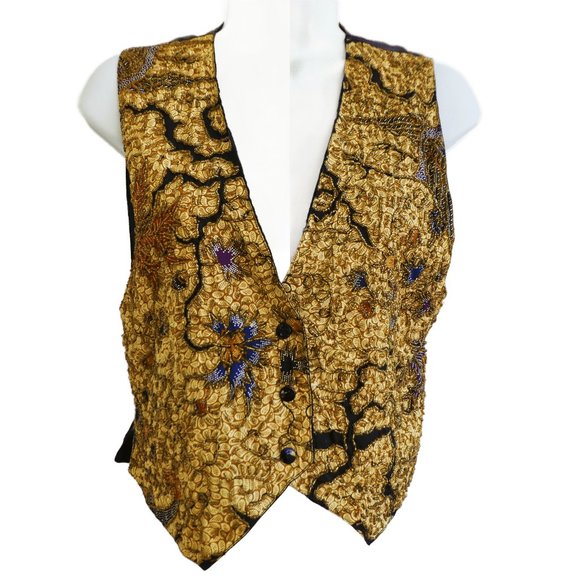 Vintage Cache Heavy Beaded Snap Front Vest Black Satin Back Tie Cincher S - Picture 1 of 7